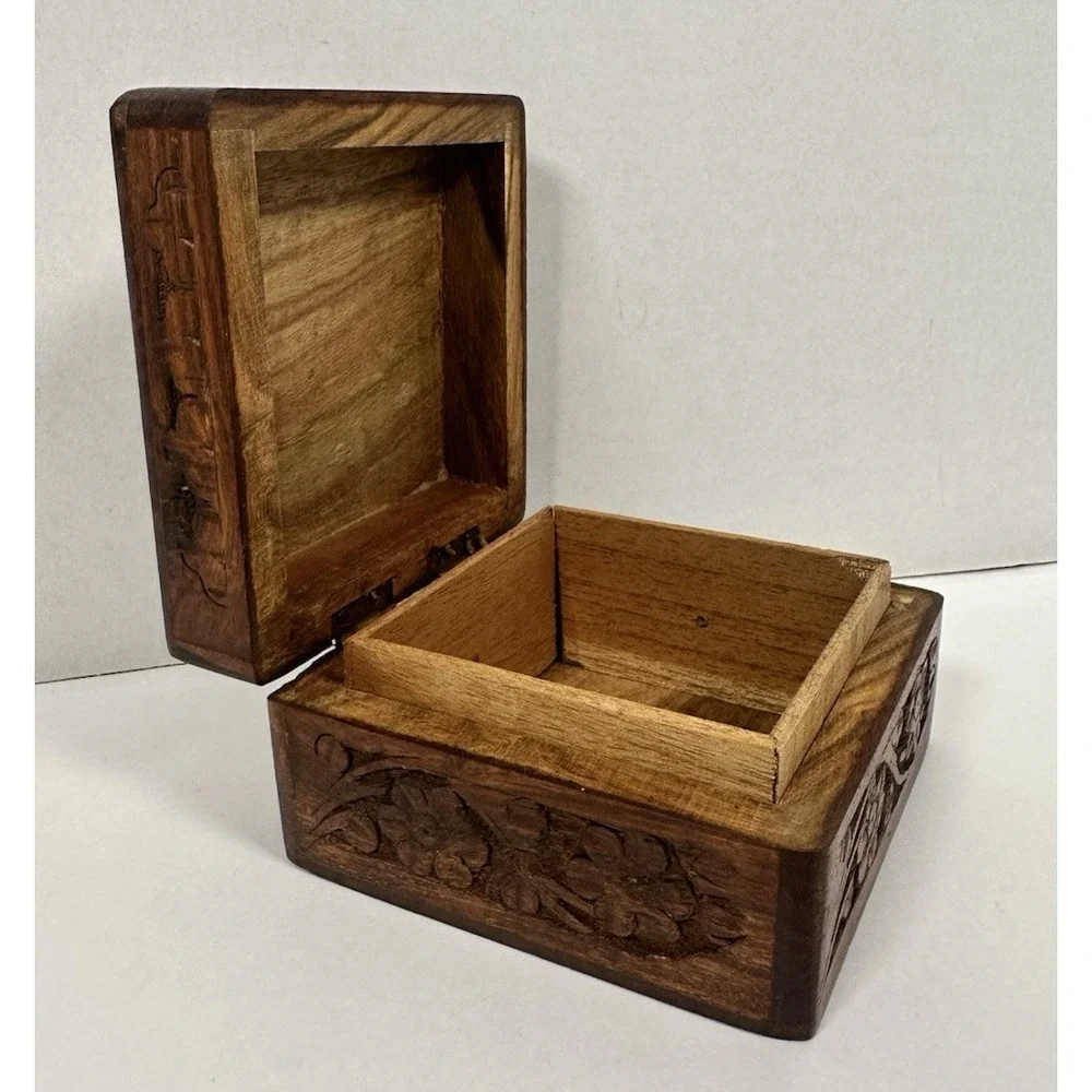 Carved Wood Trinket Jewelry Box Square Inlay Floral Made in India 4
